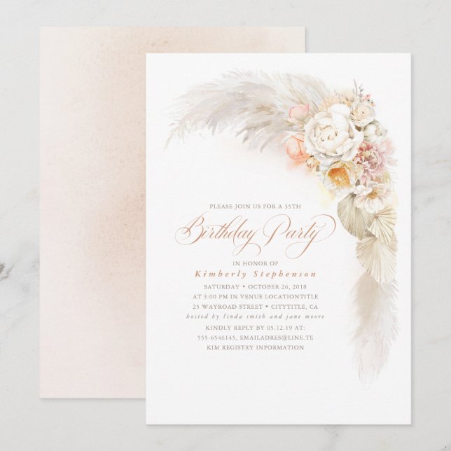 Invitation Fleurs Pastel et Pampas Grass Boho Anniversaire (Devant / Derrière)