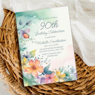 Invitation Fleurs pastel rose jaune sarcelle 90e anniversaire