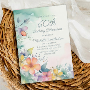 Invitation Fleurs pastel rose turquoise 60e anniversaire