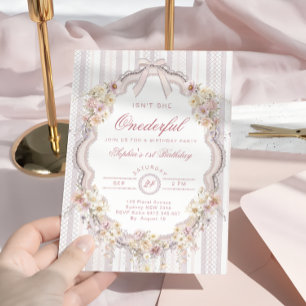 Invitation Fleurs pastel ruban vintage 1er anniversaire bébé