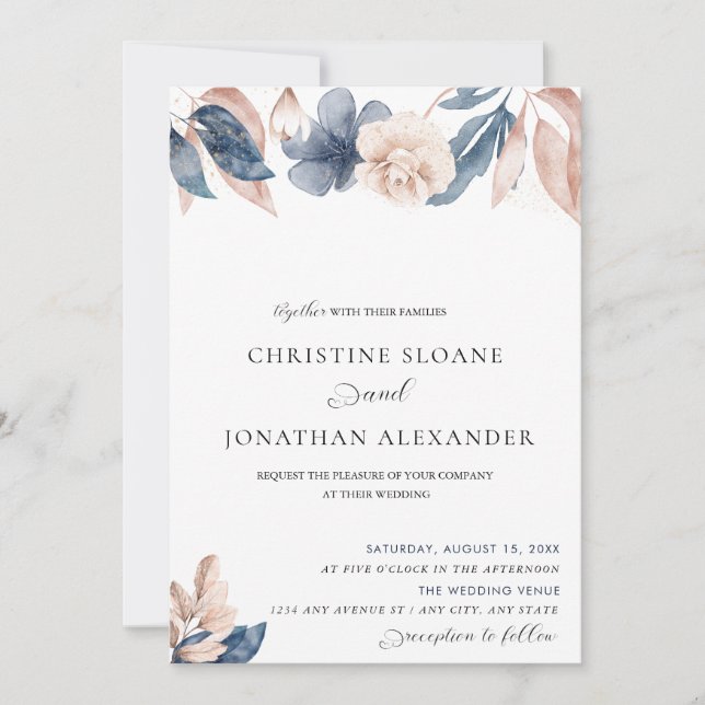 Invitation Fleurs peintes à la main | Mariage bleu et blanc (Devant)