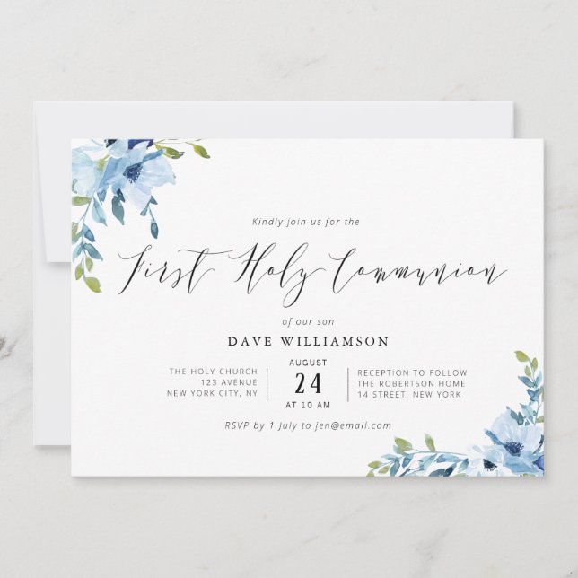 Invitation Fleurs peintes bleues première communion (Devant)