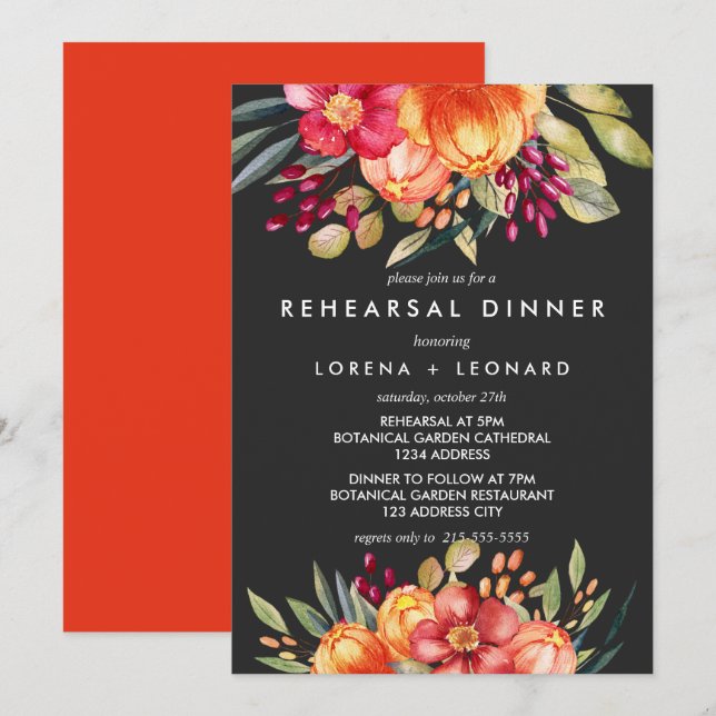 Invitation Fleurs peintes Grey REHEARSAL DÎNER Mariage (Devant / Derrière)