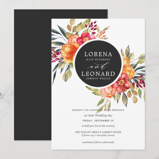 Invitation Fleurs peintes monogramme couronne mariage gris fo (Devant / Derrière)