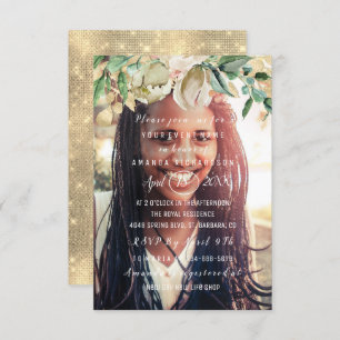 Invitation Fleurs photo fête d'anniversaire Brunch Spark Gold