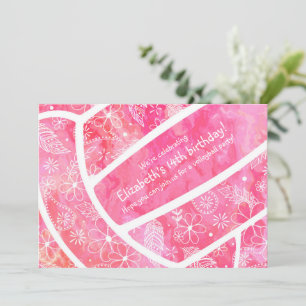 Invitation Fleurs plumes paislies volleyball rose