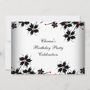 Invitation Fleurs pour fête d'anniversaire Rouge Noir Blanc