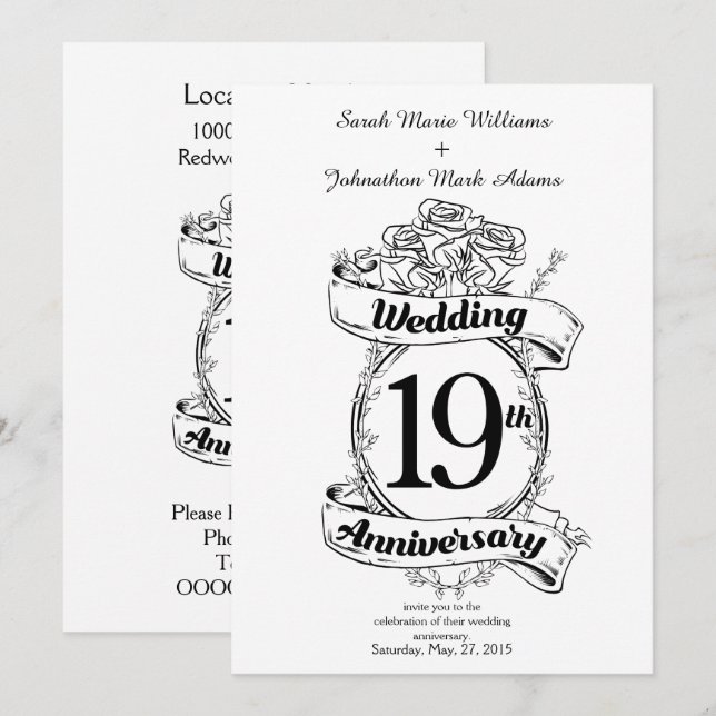 Invitation Fleurs pour le 19e anniversaire de mariage (Devant / Derrière)