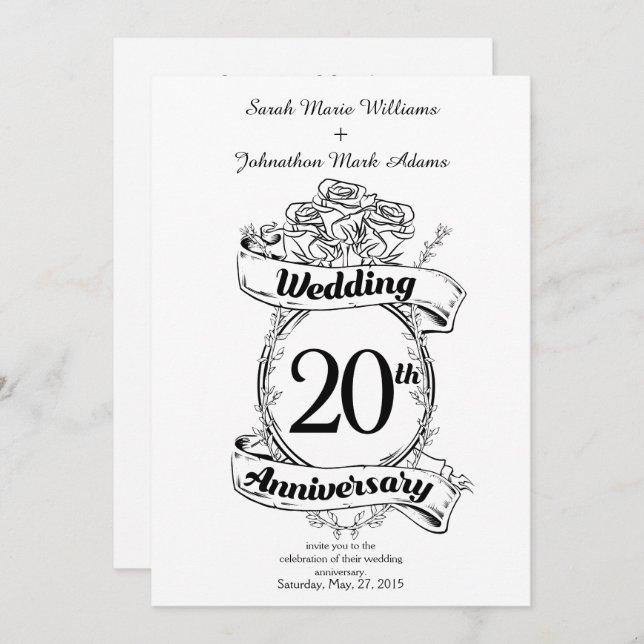 Invitation Fleurs pour le 20e anniversaire de mariage (Devant / Derrière)