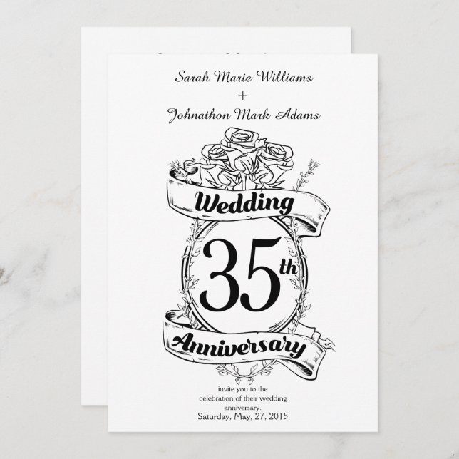Invitation Fleurs pour les 35 ans de mariage noir et blanc (Devant / Derrière)