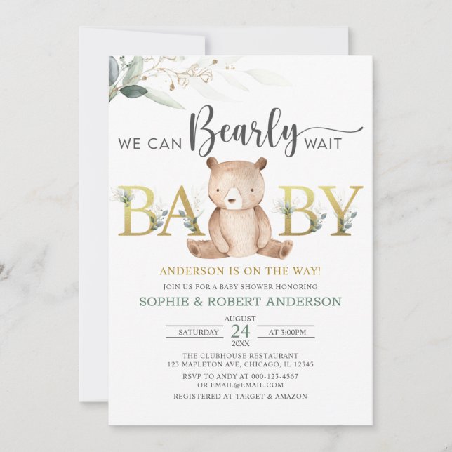 Invitation Fleurs pour une Baby Shower Ours en Peluche à laqu (Devant)