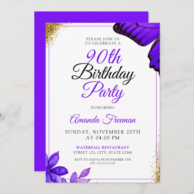 Invitation Fleurs pourpres Classy 90e anniversaire (Devant / Derrière)