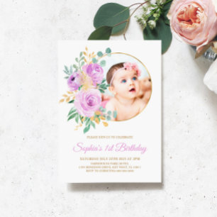 Invitation Fleurs pourpres et premier anniversaire de bébé do