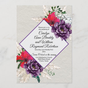 Invitation Fleurs pourpres et rouges avec le mariage d'herbe