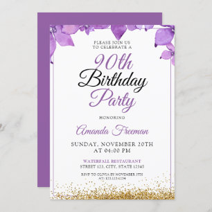 Invitation Fleurs pourpres lisse 90e anniversaire