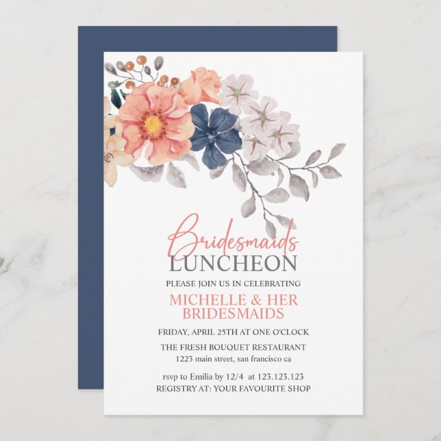 Invitation Fleurs printanières Coral Navy Bridesmaids Luncheo (Devant / Derrière)