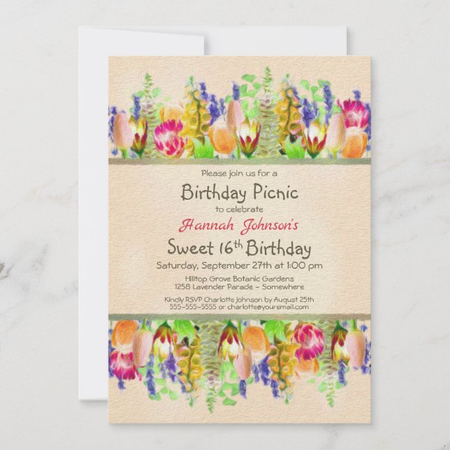 Invitation Fleurs printanières Douce 16 Anniversaire Pique-ni (Devant)