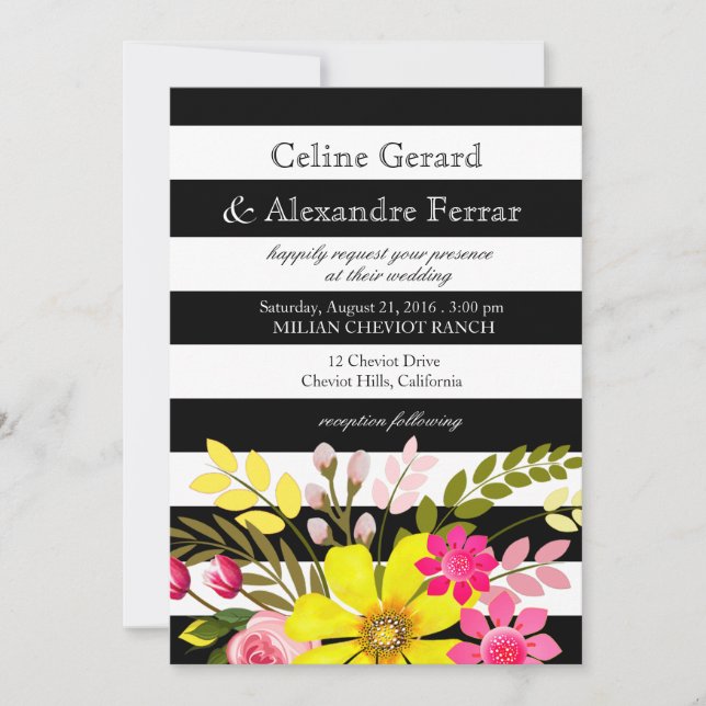 Invitation Fleurs rayées noires et blanches Jaune Mariage (Devant)