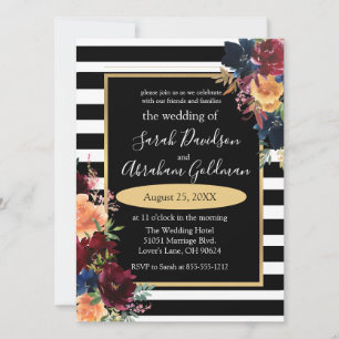 Invitation Fleurs rayures noir et blanc Mariage rouge marine