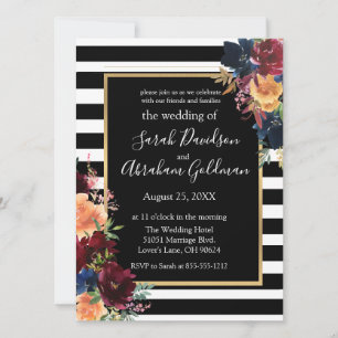 Invitation Fleurs rayures noir et blanc Mariage Rouge Marine