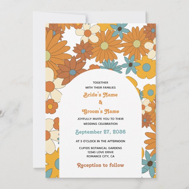 Invitation Fleurs rétro colorées 60's 70's Mariage (Devant)