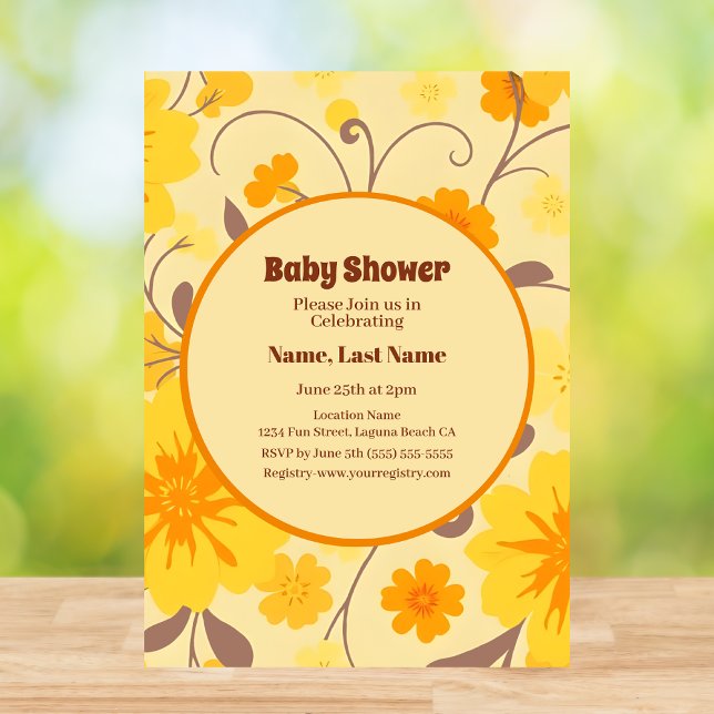 Invitation Fleurs Rétro Jaune, Orange, Mocha Mousse (Retro Flowers-Yellow, Orange, Mocha Mousse Invitation)