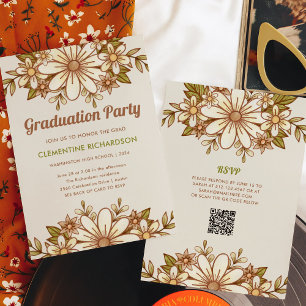 Invitation Fleurs rétro   QR Code 2024 Graduation Party