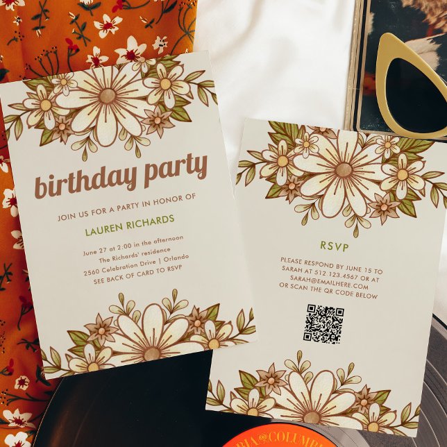 Invitation Fleurs rétro | QR Code fête d'anniversaire (A stylish, retro birthday card with scannable QR code to rsvp)