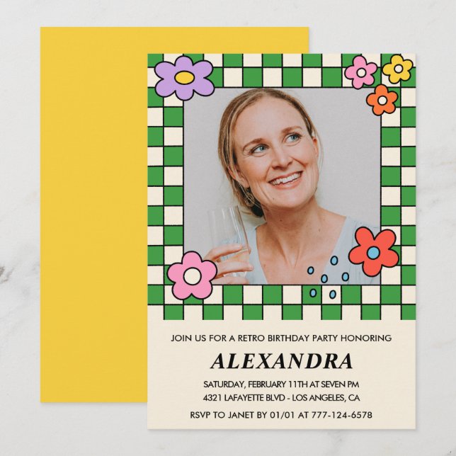 Invitation Fleurs Retro Super Photo 66e anniversaire (Devant / Derrière)