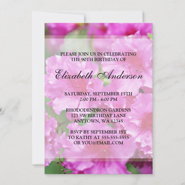 Invitation Fleurs Rhododendron rose 90e anniversaire (Devant)