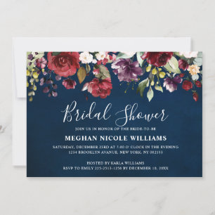Invitation Fleurs romantiques aquarelle bordeaux marine rose