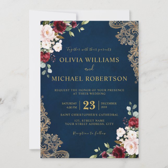 Invitation Fleurs romantiques aquarelle bordeaux rouge marine (Devant)