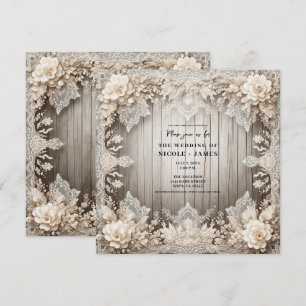 Invitation Fleurs Romantiques Dentelle + Bois Mariage Rustiqu
