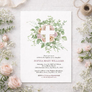 Invitation Fleurs romantiques & Fille à la croix blanche Bapt