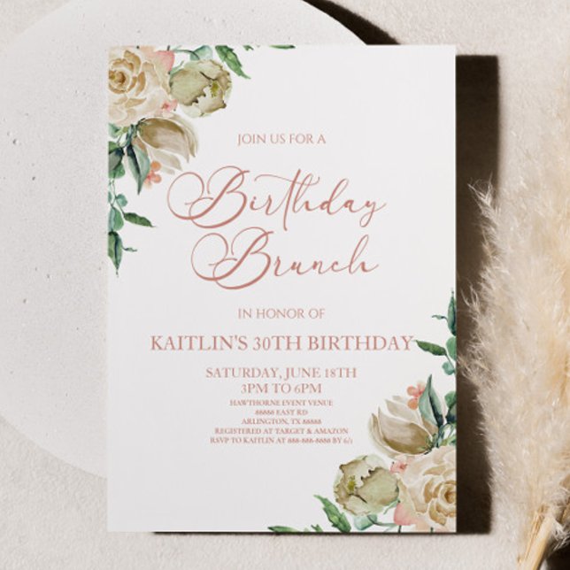Invitation Fleurs rose blanche rose Fête de Brunch d'annivers (Créateur téléchargé)
