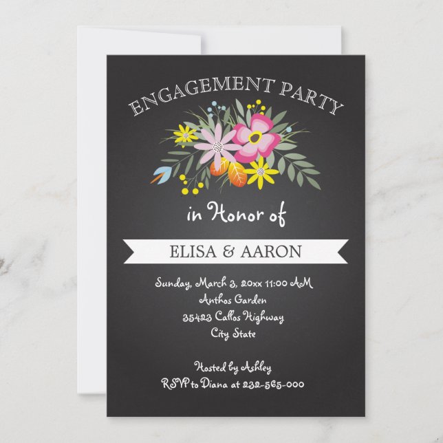 Invitation Fleurs rose Chalkboard mariage fiançailles (Devant)