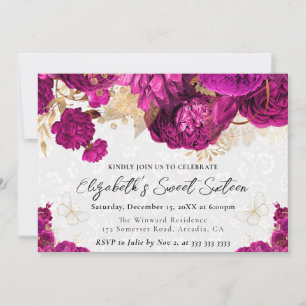 Invitation Fleurs rose chaud et or aquarelle Sweet Sixteen