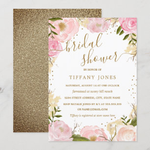 Invitation Fleurs rose en aquarelle Or rose pour Baby Shower