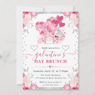 Invitation Fleurs rose et argent aquarelle Galentine's Day