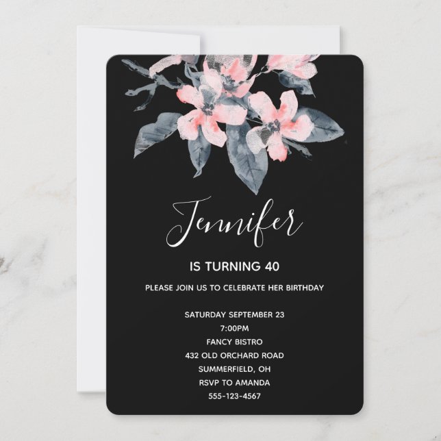 Invitation Fleurs rose et gris Aquarelle classique Anniversai (Devant)