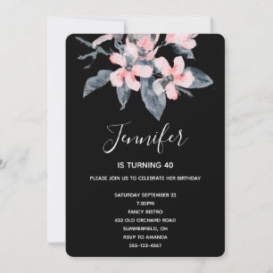 Invitation Fleurs rose et gris Aquarelle classique Anniversai