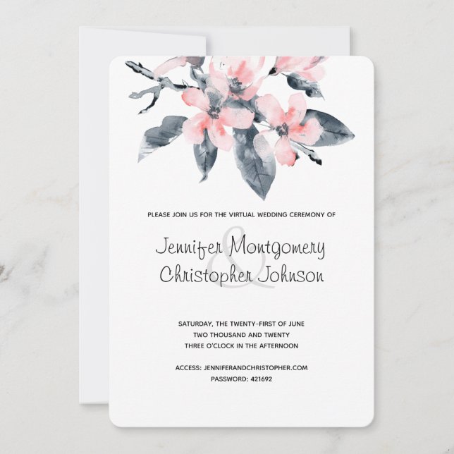 Invitation Fleurs rose et gris Mariage virtuel Aquarelle (Devant)