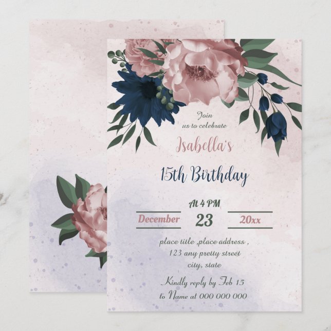 Invitation fleurs rose et marine anniversaire botanique (Devant / Derrière)