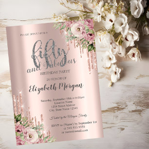 Invitation Fleurs Rose Gold Glitter Drips 50e Anniversaire
