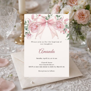 Invitation Fleurs Rose Ivoire Fille Élégante Baptême