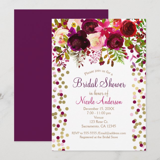 Invitation Fleurs rose Marsala Fête des mariées florale Éléga (Devant / Derrière)