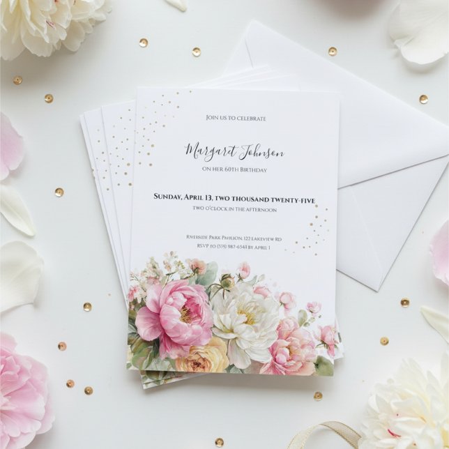 Invitation Fleurs Rose Pâle 60e Anniversaire (Soft pink and white floral 60th birthday invitation with gold accents and elegant typography)