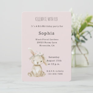 Invitation Fleurs Rose Pâle Lapin Anniversaire