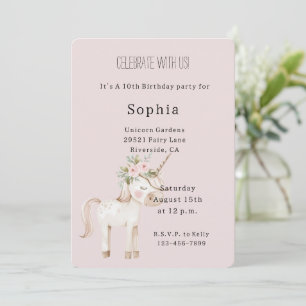 Invitation Fleurs Rose Pâle Licorne Anniversaire