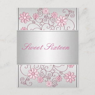 Invitation Fleurs Rose Pâle Métal Argent Clair 16e Anniversai